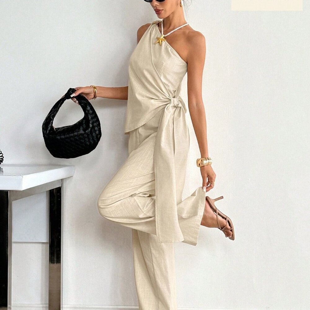 Apricot Casual Women's Cotton One-Shoulder Metal Buckle Two-Piece Pant Suit Set